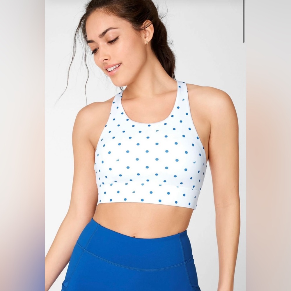 ❤️4 for $28 white high neck blue polka dot fabletics bra top